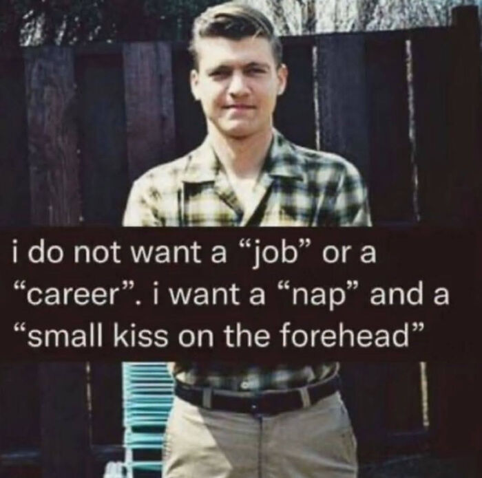 A man with a caption that says I do not want a job or a career. I want a nap and a small kiss on the forehead. This is a LinkedIn meme.