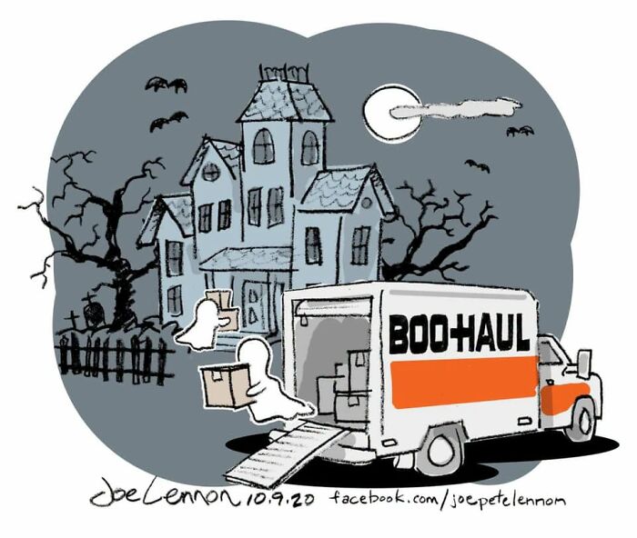 Joe Lennon comic illustrating ghosts moving out of a haunted house with a Boo-Haul truck, showcasing funny moments.