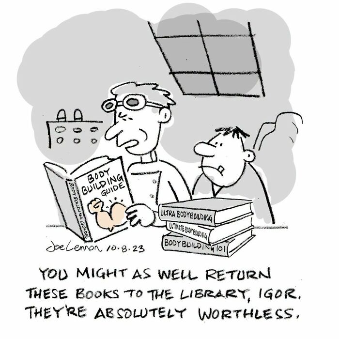 Joe Lennon's comic illustrates tiny awkward moments of a man frustrated with bodybuilding books, calling them worthless.