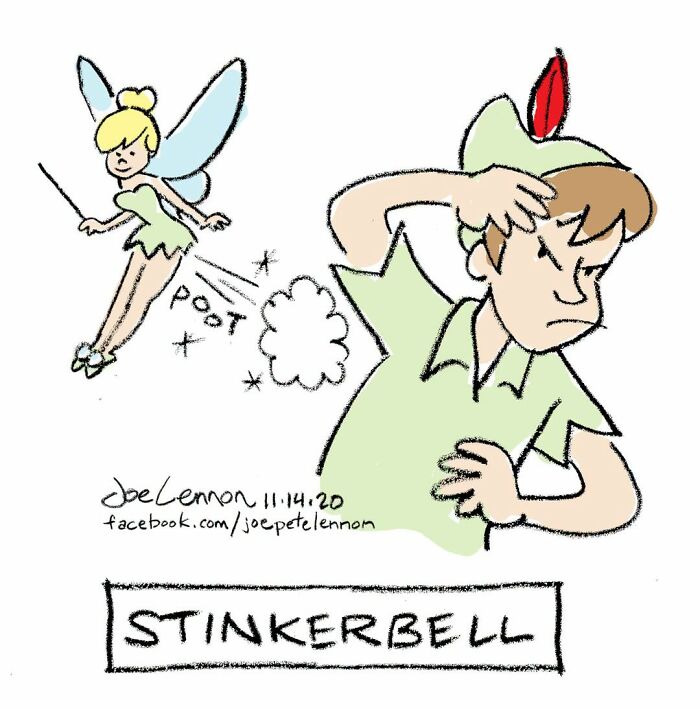 Joe Lennon comic featuring Tinkerbell farting next to Peter Pan, creating a funny awkward moment.