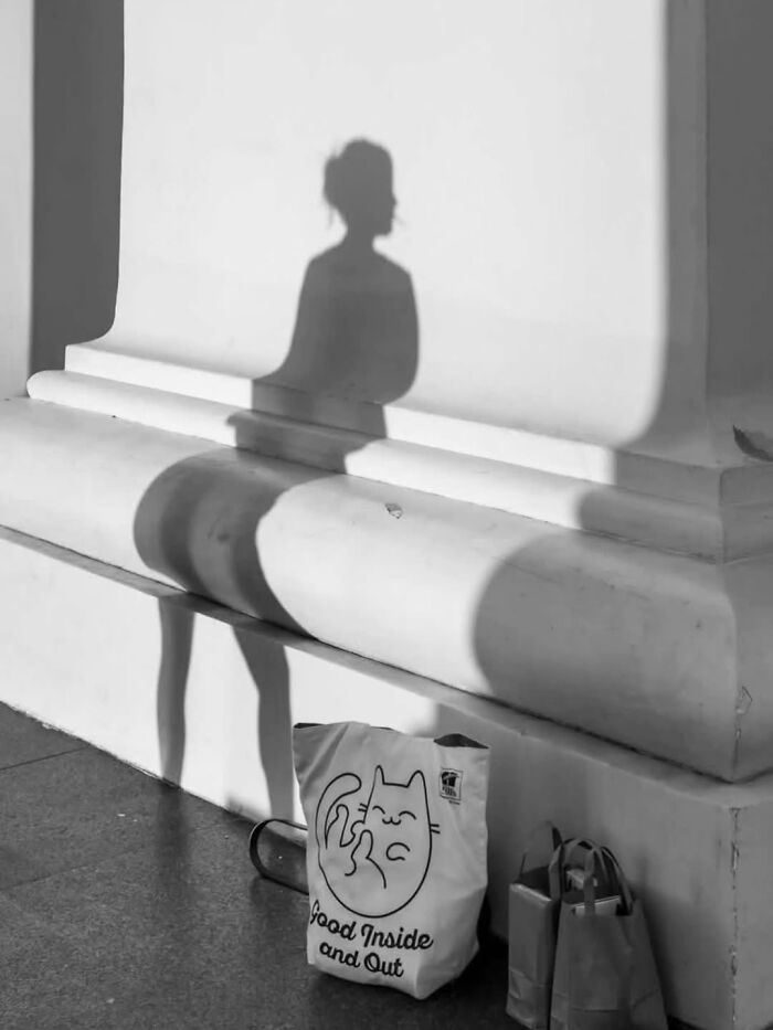 A photographer captures a funny moment of a person's shadow next to a cat tote bag.