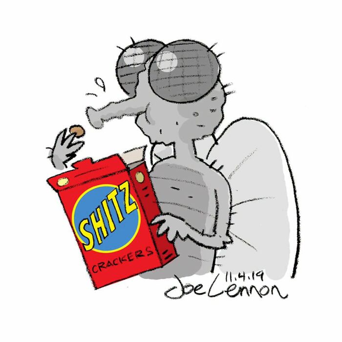 A comic by Joe Lennon featuring a fly enjoying crackers, highlighting life's tiny awkward moments.