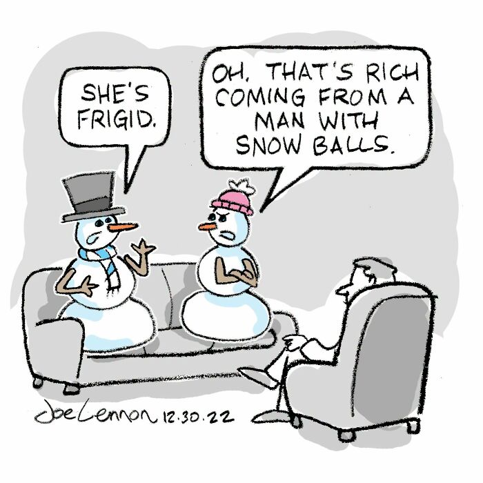 A comic by Joe Lennon depicting two snowmen arguing in a therapy session, showcasing life's funny awkward moments.