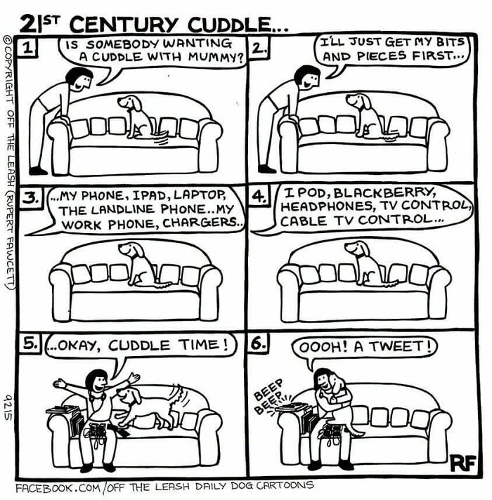 Off The Leash comics illustrating a dog's attempt at cuddling with a human engrossed in gadgets.