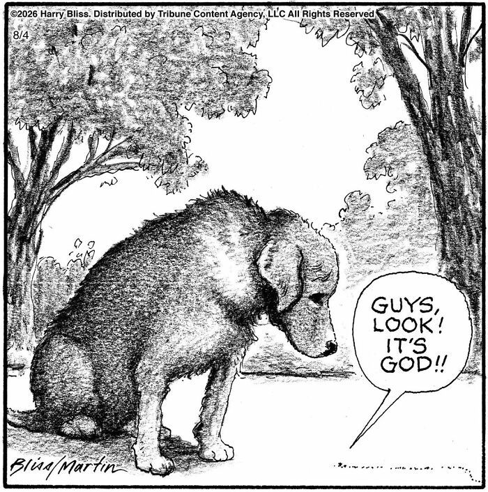 A funny dog comic by Harry Bliss showing a large dog sitting sadly as a speech bubble says, Guys, look! It's God!!