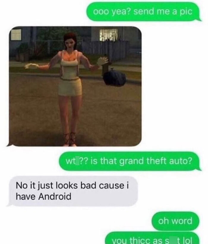 A text message conversation shows a picture of a Grand Theft Auto character, prompting questions about the image quality. A funny meme.
