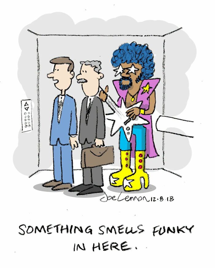 Joe Lennon comic in an elevator with two men and a rock star, highlighting a funny awkward moment.