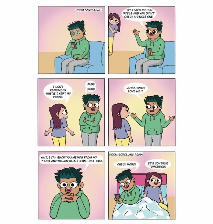 Adorable comics illustrating a couple doom scrolling together, a common experience in love.