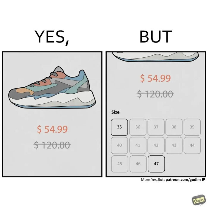 A Yes, But comic showing a discounted sneaker on the left and only an uncommon size available at that price on the right.