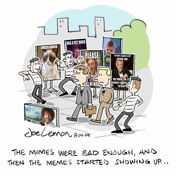 A comic by Joe Lennon showing people encountering memes and mimes, illustrating life's funny awkward moments.