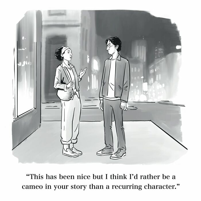 Mannequin on the Moon comic depicting two people conversing on a city street at night, with dry humor.