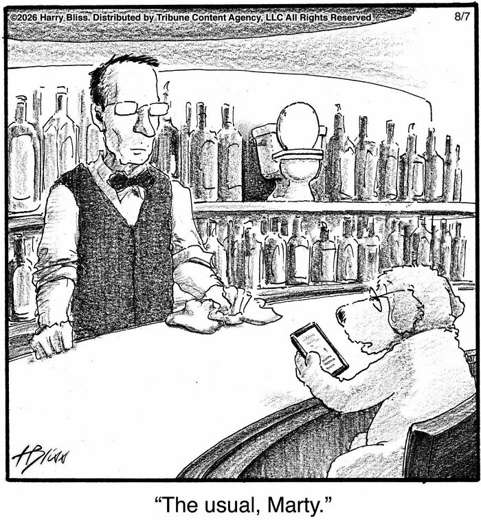 A funny dog comic by Harry Bliss of a dog in glasses at a bar, looking at its phone.