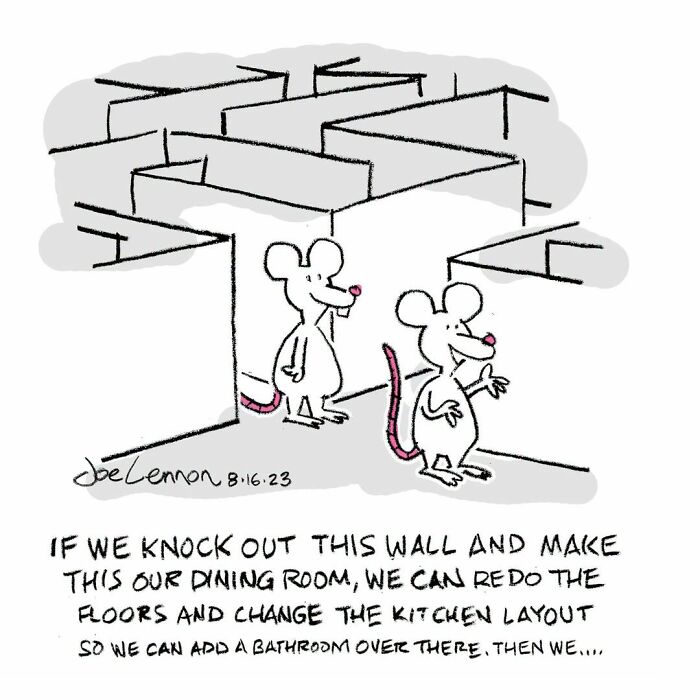 A comic by Joe Lennon with two mice discussing home renovations in a maze, depicting life's funny awkward moments.