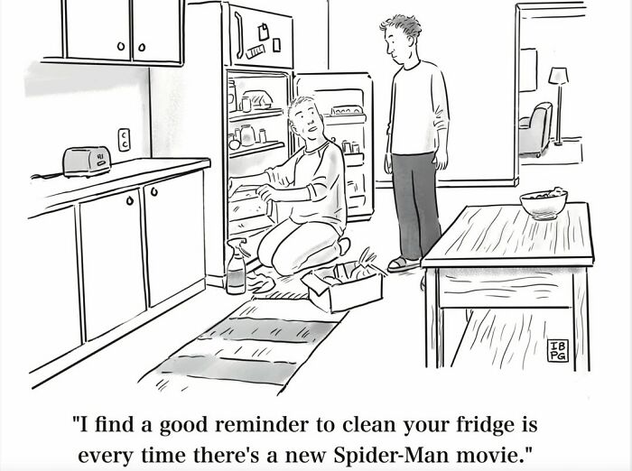 Mannequin on the Moon comic where a man cleans a fridge, referencing Spider-Man movies with dry humor.