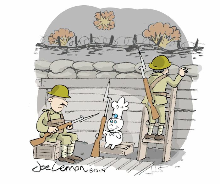A comic by Joe Lennon showing soldiers in a trench with the Pillsbury Doughboy, capturing life's tiny awkward moments.