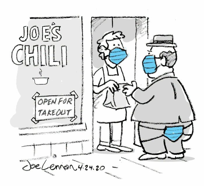 Joe Lennon's comic showing tiny awkward moments with masked people at a chili takeout during the pandemic.