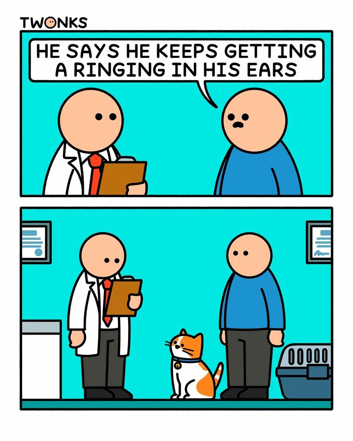 Funny cat comic by cartoonist Steve Nelson: a vet visit where a man explains his cat has a ringing in its ears.