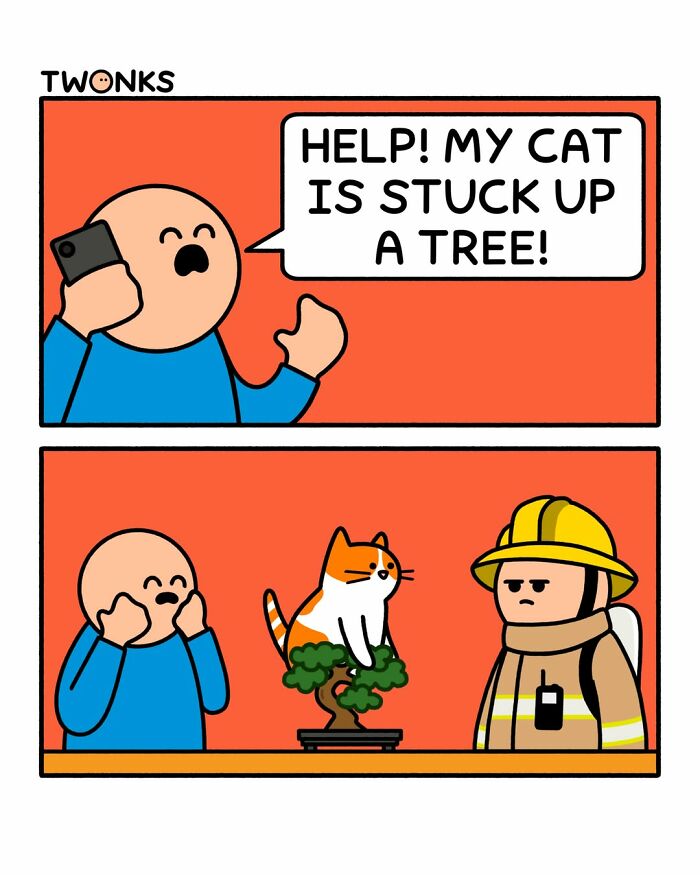 Funny cat comic by cartoonist Steve Nelson: a man calls for help because his cat is stuck up a tiny bonsai tree.