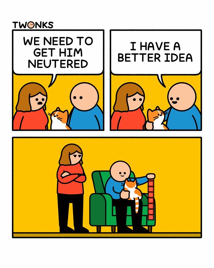 Funny cat comic by Steve Nelson about a man choosing to play with his cat instead of neutering him.
