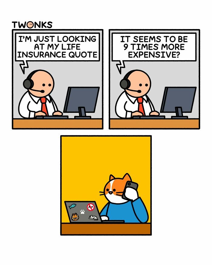 Funny cat comic by Steve Nelson where a cat calls an insurance agent for a life insurance quote.
