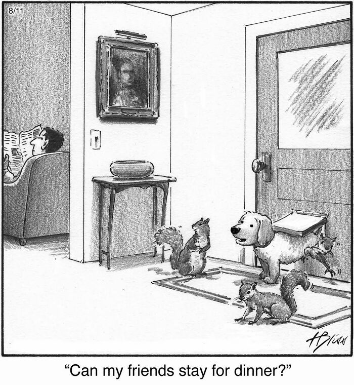Funny dog comics: A dog and three squirrels enter a house through a doggy door.