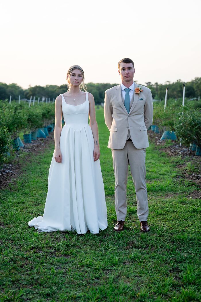 An iconic wedding photo of a stoic bride and groom standing in a lush green field of blueberry bushes.