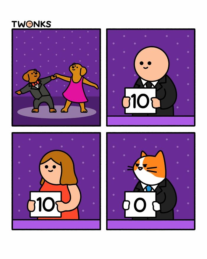Funny cat comic by Steve Nelson showing a cat giving zero points to dancing dogs.