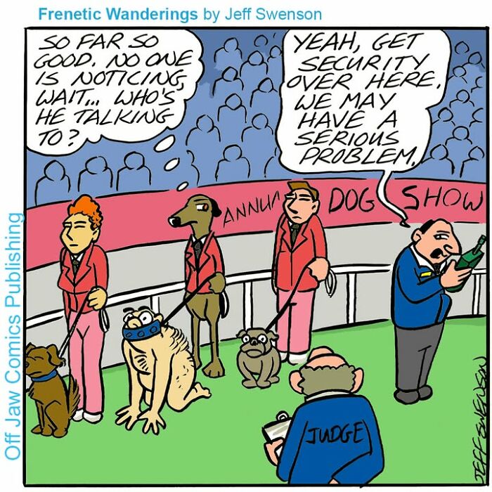 A comic showing dogs at a dog show, one being observed by a judge, illustrating a one-panel comic.