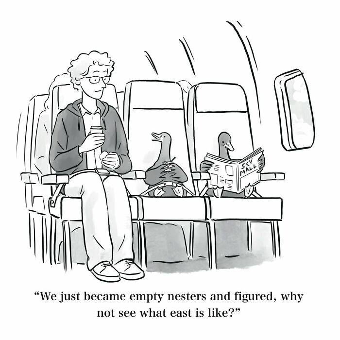 Mannequin on the Moon comic: A woman and two ducks on an airplane, one duck reading a SkyMall catalog.