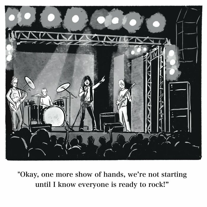 Absurd Mannequin On The Moon comic showing a rock band performing live on stage to a crowd, with the lead singer asking if everyone is ready to rock.