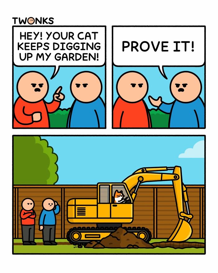 Funny cat comic by Steve Nelson about a cat digging a garden with an excavator.