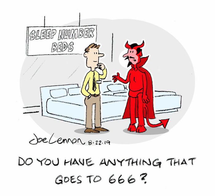 Joe Lennon comic depicts tiny awkward moments with a devil inquiring about Sleep Number Beds that go to 666.