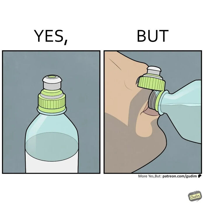 A comic strip showing a water bottle, then a person pouring water directly into their eye from the bottle.