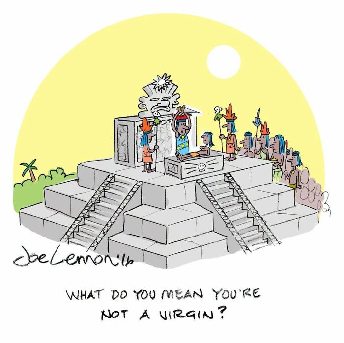 Joe Lennon comic portraying a human sacrifice scene with a funny awkward moment twist.