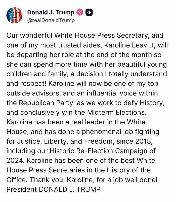 Donald Trump's tweet about Karoline Leavitt's exit as Press Secretary, raising scrutiny.
