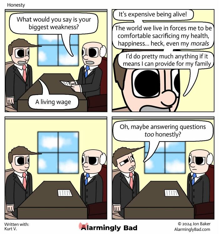 Humorous Jon Baker comic about honesty and the unpredictable twists of living wages.