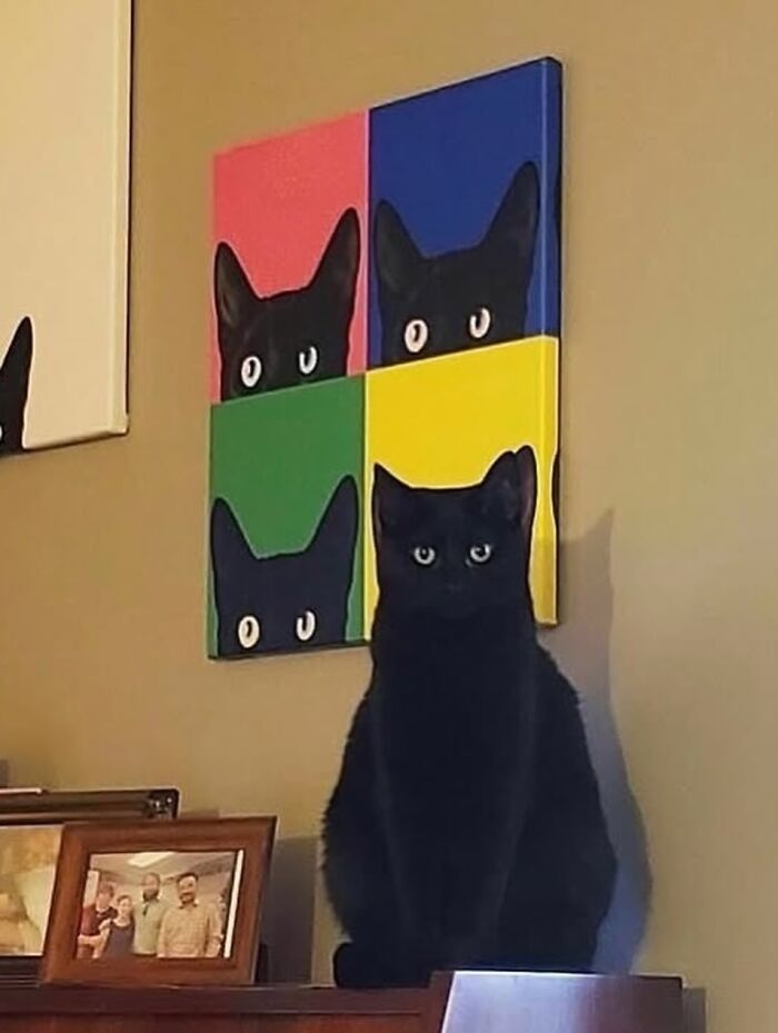 Photographers captured a black cat sitting in front of a pop art painting featuring similar black cats, a funny moment.