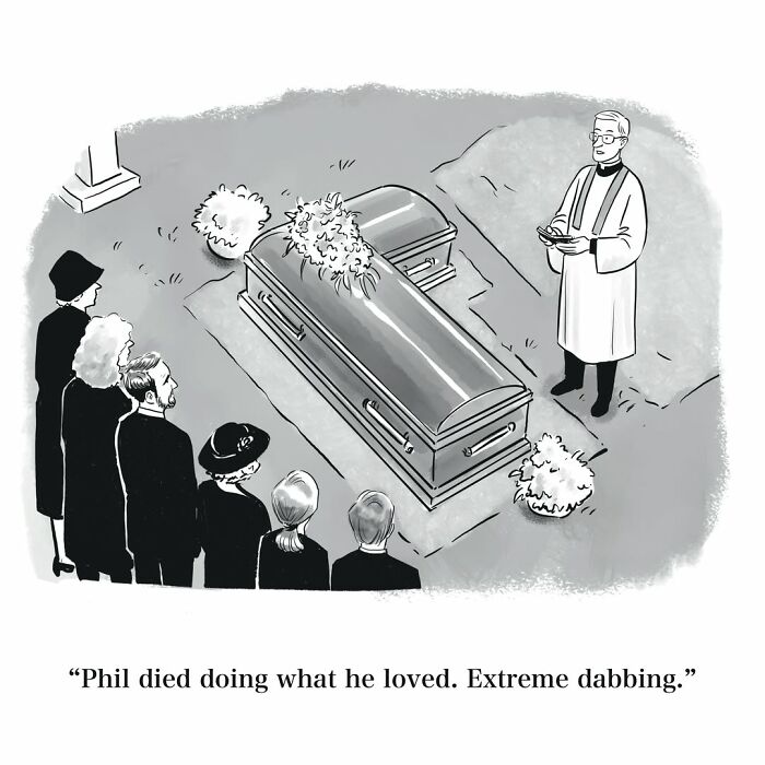 Absurd Mannequin On The Moon comic depicting a funeral scene with mourners gathered around two coffins as a priest officiates.