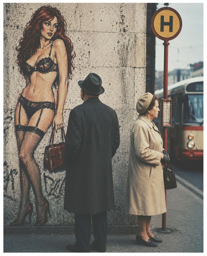 Photographers captured a man and woman at a bus stop next to a risqué mural, a funny moment.