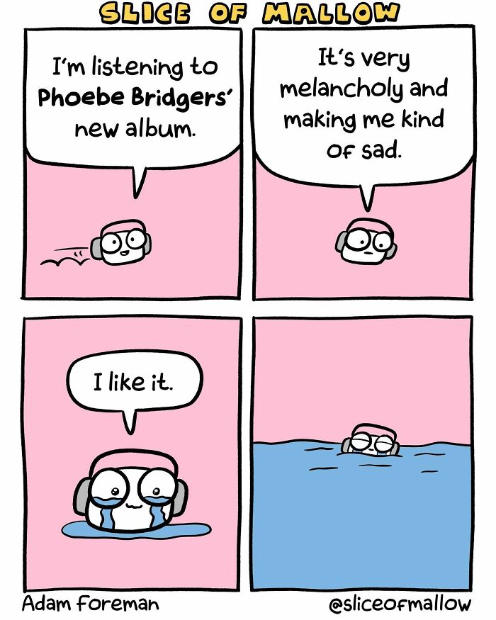 Humorous comics: A marshmallow listens to melancholic music, shedding tears and eventually floating in a pool of tears.
