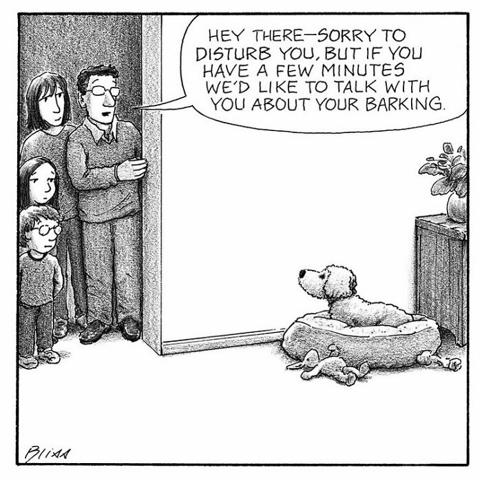 A family stands at a door talking to a dog in its bed, a funny dog comic by Harry Bliss.