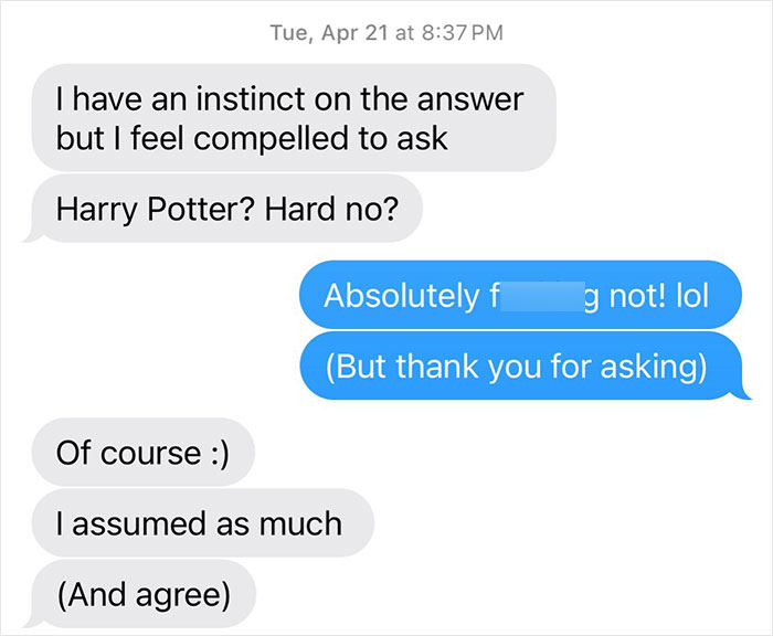 A text message conversation showing a brutal response to an offer for the Harry Potter series, praised by fans.