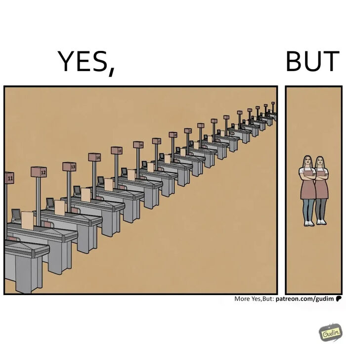A Yes, But comic showing many empty checkout lanes on the left and two people waiting in line on the right.