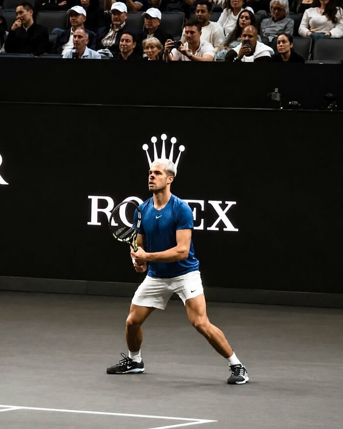 A photographer captures a funny moment as a tennis player prepares to serve, with a crown appearing above his head.