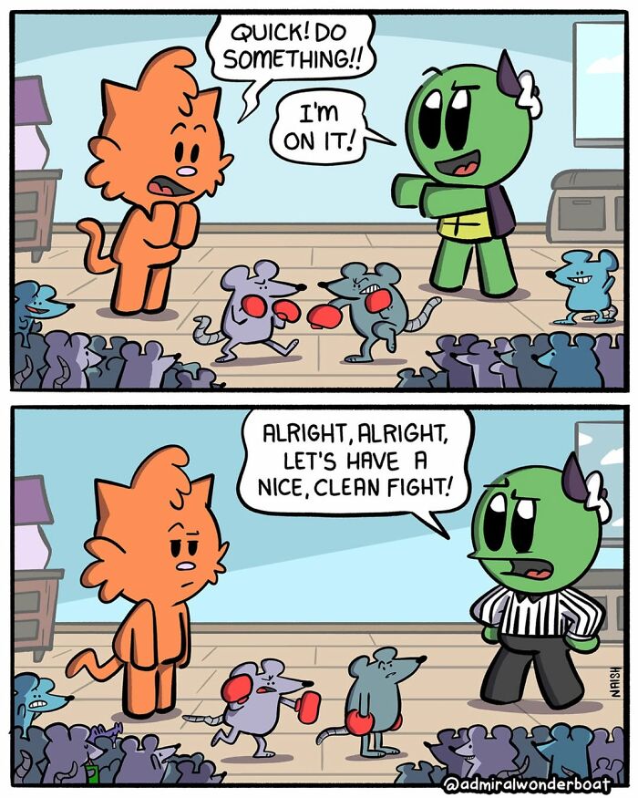 A comic about funny comics and friendship, where a green character intervenes in a mouse boxing match, promoting a clean fight.