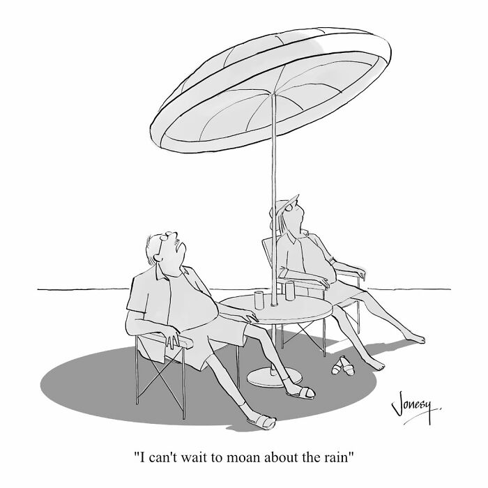 A Jonesy cartoon showing a couple under an umbrella, complaining about waiting to moan about the rain. This brilliantly dry cartoon reflects the absurdities of everyday life.