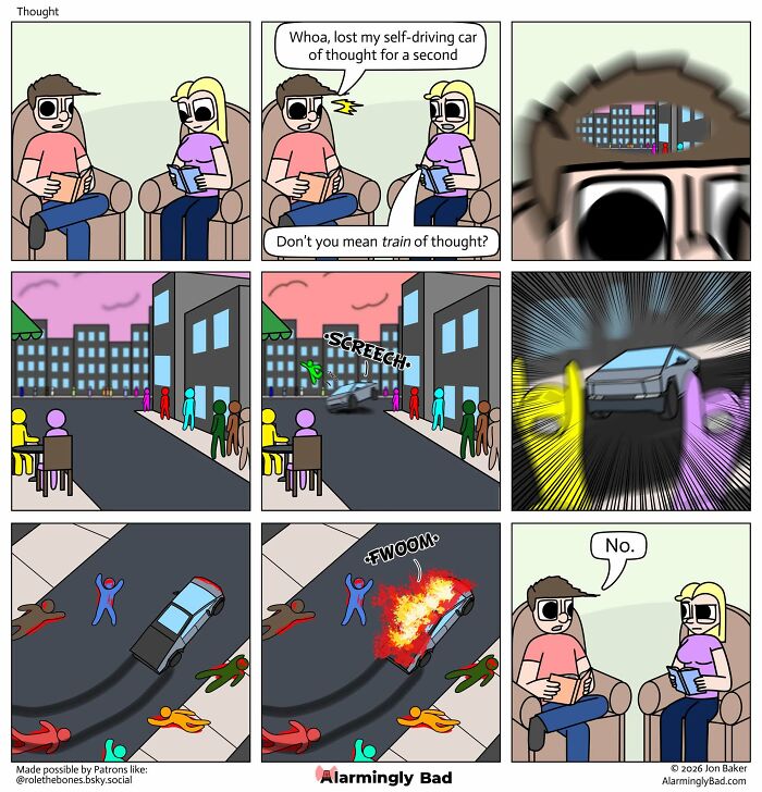 Humorous Jon Baker comic with an unpredictable twist about a self-driving car of thought.