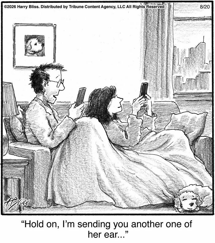 Funny dog comics: A couple on a couch looks at their phones while a dog sleeps beside them.