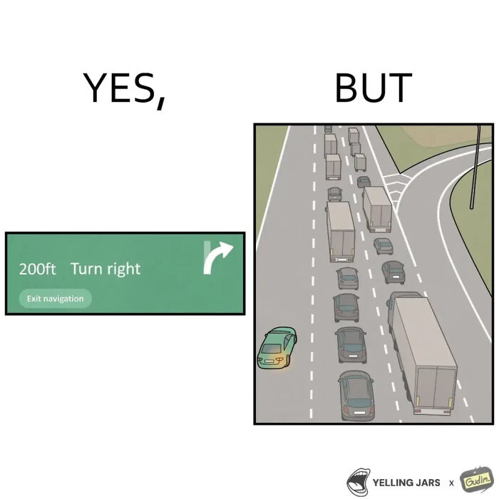 A comic depicting a Yes, But scenario: a navigation showing a right turn ahead, but a car is stuck in heavy traffic in the wrong lane, one of many relatable comics.