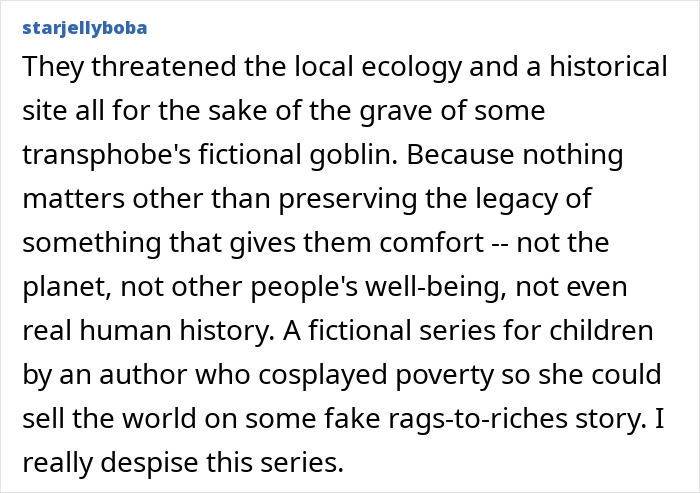A detailed comment criticizing Harry Potter fans for threatening ecology and history over a fictional goblin's grave, impacting an undersea cable project.
